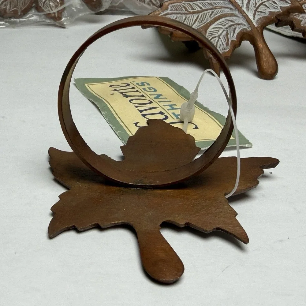 9 Favorite Things Copper White Washed Maple Leaf Napkin Rings w/Ribbed Loops New